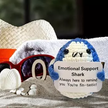 Эмоциональная поддержка Акула Вязаная кукла Позитивный вязаный крючком Акула Подарок Изготовленная вручную кукла для снятия стресса с мотивационной открыткой Декор для домашнего офиса синий