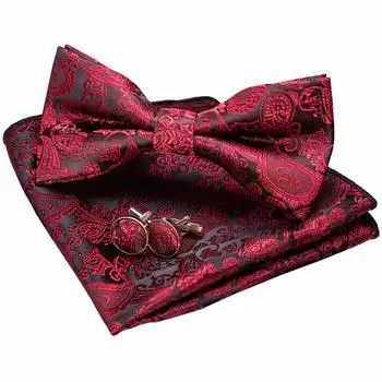 JEMYGINS Галстук-бабочка винно-красного цвета 2 шелковых узора пейсли для официального делового свадебного подарка Запонки и носовые платки на пуговицах Набор [JEMYGINS] для мужчин (14)