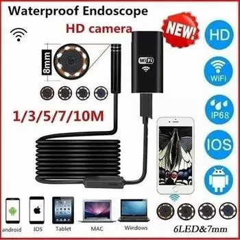 Эндоскопическая камера 1 м/1,5 м/2 м/3,5 м/5 м/10 м, 7,0 мм, 1080P HD, USB-эндоскоп с 6 светодиодным кабелем, водонепроницаемый смотровой бороскоп для ПК на базе Android 1M чёрный