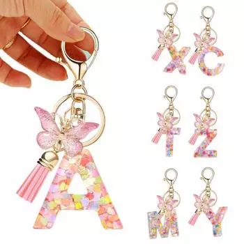 Эпоксидная смола, брелок с английским алфавитом, в форме сердца, блестки, бабочки, кисточка, брелок с алфавитом, брелок с буквами, аксессуар для кружки C