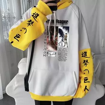 Эрен Принт Капюшон Аниме Атака Титанов Уличная одежда Мужчины Женщины Лоскутные Толстовки Повседневный Свободный Пуловер Harajuku Мужской Свитшот XS чёрный