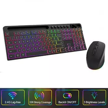 Эргономичная беспроводная клавиатура, мышь, клавиатура с подсветкой и держателем для телефона, беспроводная перезаряжаемая клавиатура 2.4G для ПК, ноутбука, Windows Russian зелёный