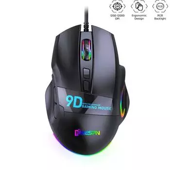 Эргономичная проводная игровая мышь с подсветкой RGB 12000 DPI Беспроводная игровая мышь 9 программируемых кнопок Игровая мышь для настольного ПК/ноутбука чёрный