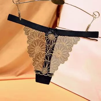 Эротические трусики Сексуальное женское белье Стринги Женские кружевные стринги с вышивкой в виде ромашек Соблазнительное эротическое белье Прозрачное нижнее белье с заниженной талией one size