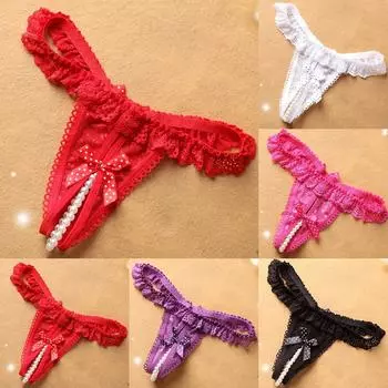 Эротические трусики сексуальные женские мини-стринги с вырезом и жемчужным кружевом прозрачные сетчатые оборки стринги с цветочной вышивкой бант-узел стринги one size