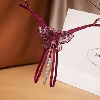 Эротические трусики-стринги с открытой промежностью, сексуальное нижнее белье с бабочками и блестками, стринги без вырезов с жемчугом и вышивкой One size