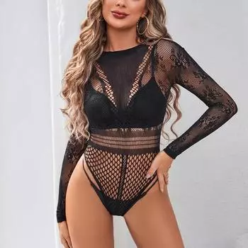 Эротический черный кружевной комбинезон с открытыми плечами, пижама, шорты с длинным рукавом, нижнее белье, прозрачный боди, сексуальное женское белье, женские костюмы One Size