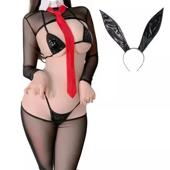 Эротический костюм для косплея Bunny Girl, комплект из 7 предметов, обратный костюм кролика, открытая грудь, сексуальный, прозрачный [MONEON]