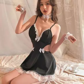 Эротический сексис косплей аниме костюмы комплект горничной женское милое нижнее белье черное мини платье глубокий V вырез с открытой спиной наряд бебидолл 40-70KG
