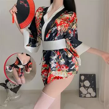 Эротическое белье новое кимоно гейши милое игровое соблазнение глубокий V униформа страсть дразнящая сексуальная пижама ночная рубашка Average size 80-65kg красный