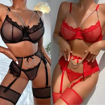 Эротическое белье, сетчатое шитье, ресницы, кружевная подвесная цепочка, набор из четырех предметов с бабочкой L