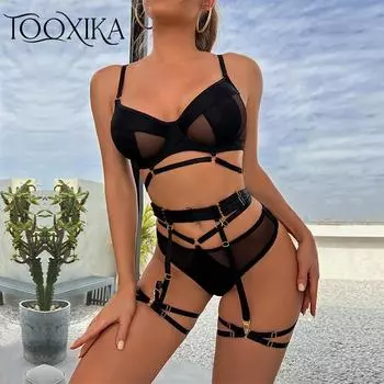 Эротическое белье Tooxika, новое женское сексуальное нижнее белье с перспективой, сетчатое искушение с кольцом на ноге, комплект кружевного нижнего белья из четырех предметов