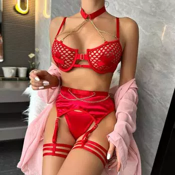 Эротическое белье, женское нижнее белье с большой сеткой, выдолбленное крестообразное нашивка на груди, металлическая цепочка, забавное нижнее белье, комплект из трех предметов S красный