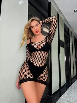 Эротическое цельное сетчатое платье с вырезом, прозрачное, эластичное, облегающее, женское сексуальное нижнее белье One Size