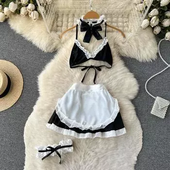 Эротическое нижнее белье без бретелек с бантом, женские лоскутные комплекты на шнуровке, чувственный комплект для ролевых игр, женская мода, униформа горничной, сексуальное женское белье, костюмы с юбкой 2024 One Size