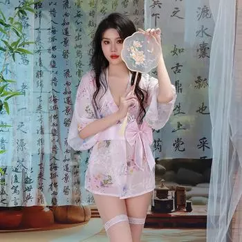 Эротическое нижнее белье большого размера японский костюм-кимоно сексуальный бант халат женский перспективный соблазнительный пижама One Size розовый