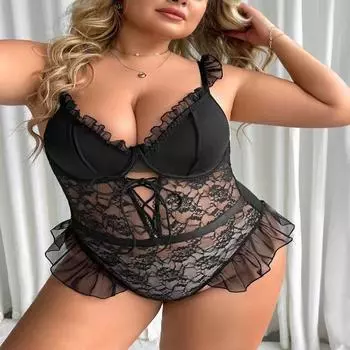 Эротическое нижнее белье Fat MM большого размера, цельное, с чашечками из хлопка и поясом для чулок, сексуальный прозрачный кружевной комплект 1XL