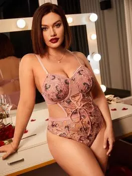 Эротическое нижнее белье Fat MM, цельный комплект пижамы с цветочным принтом и бретельками через шею, сексуальный прозрачный кружевной комплект 1XL