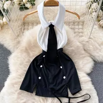 Эротическое нижнее белье с открытой спиной и вырезом на шее, ночное платье для женщин, порно, униформа, дизайн галстука, без рукавов, короткая облегающая сексуальная пижама One Size