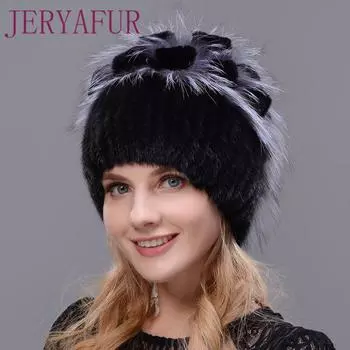 JERYAFUR Mink Fox Fur Hat Вязаная шапка из меха кролика Рекса Зимняя женская лыжная шапка