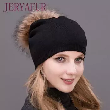 JERYAFUR осенне-зимняя шапка унисекс, вязаная шерстяная шапка Skullies, повседневная шапка с помпоном из натурального меха енота, однотонная лыжная шапка Gorros
