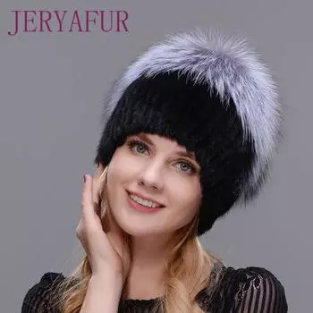 JERYAFUR, теплая шапка из натурального меха норки, женская разноцветная, серебристая, с лисьим мехом, женские зимние шапки, роскошные шапки с двойным помпоном синий/чёрный