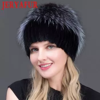 JERYAFUR, теплая женская шапка из натурального меха норки, разноцветная, с серебряным мехом лисы, женская зимняя шапка с помпонами, роскошные шапочки