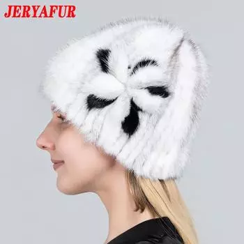 JERYAFUR вязаная меховая шапка женская зимняя теплая шапка из натурального норкового меха полосатая стильная шапка-бини