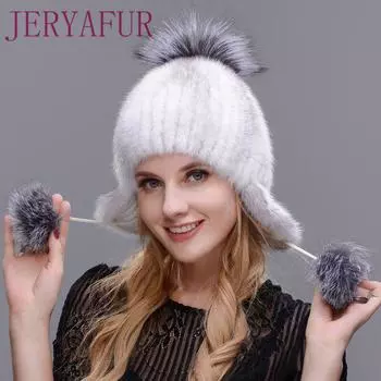 JERYAFUR зимняя женская норковая шапка, новая шапка для защиты ушей, лыжная шапка ручной работы из норки и лисы, теплая меховая подготовка чёрный/синий
