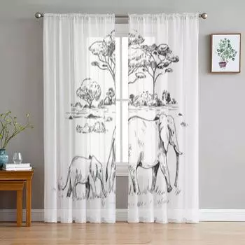 Эскиз африканской саванны с деревьями, шифоновые прозрачные шторы для гостиной, спальни, украшения, оконные тюлевые шторы, шторы 135W x 114H(cm)
