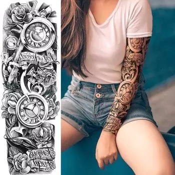 Эскиз Компас Цветок Розы Временные Татуировки Для Мужчин Женщин Полный Рукав Поддельные Татуировки Наклейки Декор
