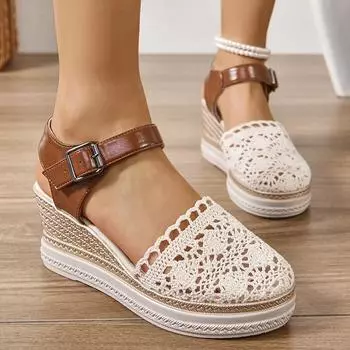 Эспадрильи Босоножки на танкетке для женщин Летние сандалии на платформе с закрытым носком и открытой подошвой Женские сандалии с ремешком и пряжкой Женские сандалии 36 бежевый