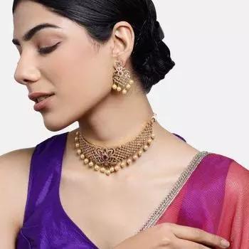 Эстель позолоченный элегантный комплект свадебного колье-колье с CZ, цветными камнями и жемчугом