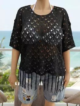 Эстетическая блузка-бикини с круглым вырезом размера плюс, женская летняя дизайнерская кружевная натуральная лоскутная купальная одежда, женский винтажный шикарный ажурный купальник с коротким рукавом XL чёрный