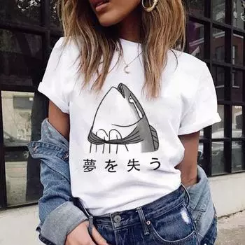 Эстетическая футболка с изображением рыбьей головы, женские футболки с японским письмом, забавная футболка «Потерянная мечта», Tumblr, Корея XL белый