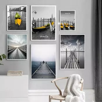 Эстетическая мода портовый пейзаж холст картина настенная живопись озеро лодка постер офис гостиная коридор украшение дома фреска без рамки 21*30cm No Frame