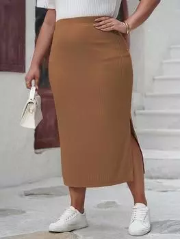 Эстетическая однотонная юбка с открытой вилкой больших размеров, женская винтажная шикарная тонкая трапециевидная юбка с высокой талией, женская модная элегантная натуральная эластичная одежда XL коричневый
