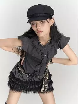 Эстетическая женская блузка с рукавами-крылышками Y2k, винтажная однобортная узкая однотонная рубашка в стиле Харадзюку, укороченная уличная одежда S чёрный