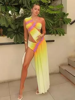 Эстетические элегантные платья с асимметричным принтом, женские летние дизайнерские тонкие ажурные платья без рукавов, женская мода, узкая нерегулярная одежда S жёлтый