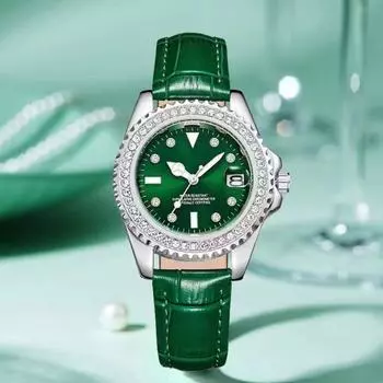 Эстетические часы с бриллиантами Senior Pointer Green Belt Niche Diamond Dial Watch Women Belt Quartz Watch Office Lady Watch Fashion One Size зелёный