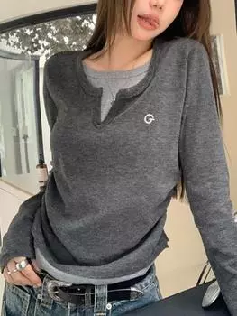 Эстетические милые футболки из двух предметов, женские элегантные дизайнерские лоскутные укороченные топы, женские повседневные офисные тонкие футболки в стиле Харадзюку, 2024 S серый