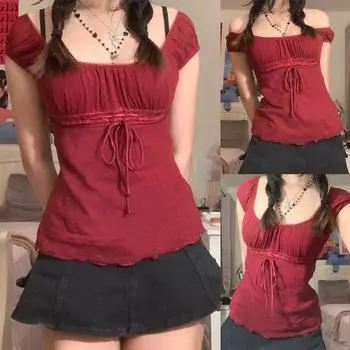 Эстетические милые кружевные топы 2000-х годов, женская футболка с открытыми плечами и завязками, корейская модная женская футболка, уличная одежда в стиле фея в стиле гранж S чёрный