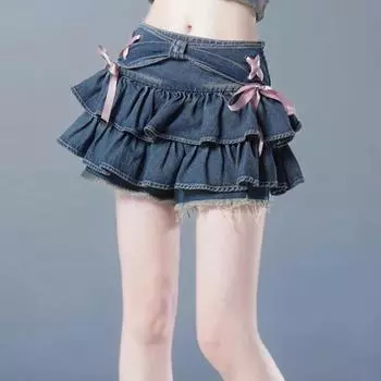 Эстетические милые мини-джинсовые юбки Kawaii, женские популярные девушки с бантом, винтажная уличная одежда Y2k, женская американская сексуальная юбка трапециевидной формы, летняя S белый