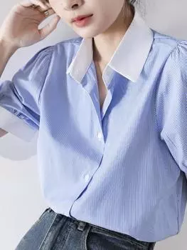 Эстетические рубашки в полоску в стиле ретро, женские летние нежные офисные элегантные облегающие одежды, довольно универсальные новые короткие топы с пышными рукавами S синий