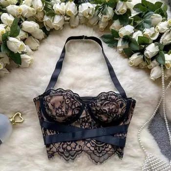 Эстетические топы на бретелях для вечерней вечеринки, женские топы с лямкой на бретельках с открытыми плечами, кружевные лоскутные женские винтажные майки в стиле гранж во французском стиле S чёрный