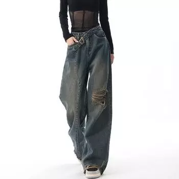 Эстетические винтажные мешковатые джинсы 2000-х годов, женские Y2k Harajuku, джинсовые брюки с высокой талией, женский ретро-модный дизайн, широкие брюки 90-х годов, новинка S синий