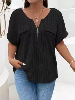 Эстетические винтажные однотонные топы больших размеров с круглым вырезом, женская мода, дизайн, свободный топ на молнии с коротким рукавом, женский элегантный шикарный пуловер, вязаная футболка XL чёрный