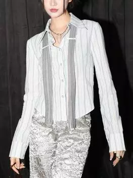 Эстетические винтажные полосатые рубашки 2000-х годов, женские рубашки в консервативном стиле с галстуком, свободные блузки, женские модные офисные топы Y2k, новые S синий