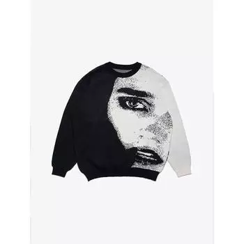 Эстетический мужской вязаный пуловер, зимний высококачественный теплый топ в стиле панк, уличная одежда, винтажный свитер L чёрный