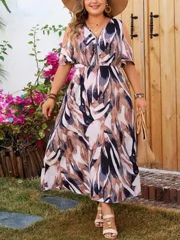 Эстетический плечевой принт на молнии, комплект из 1 предмета, женские винтажные платья с V-образным вырезом для отдыха, платья макси трапециевидной формы, женская мода, свободное длинное платье с короткими рукавами XL розовый